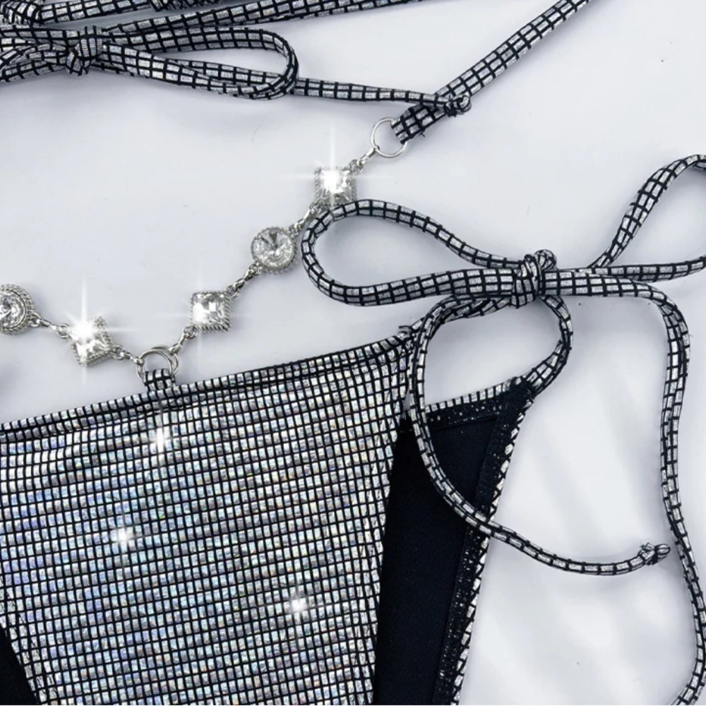 Silver Halter Rhinestone Studded Tie Sides Bikini Set - Picture 4 of 7